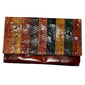 Vintage Snakeskin leather striped colorful medium size clutch handbag